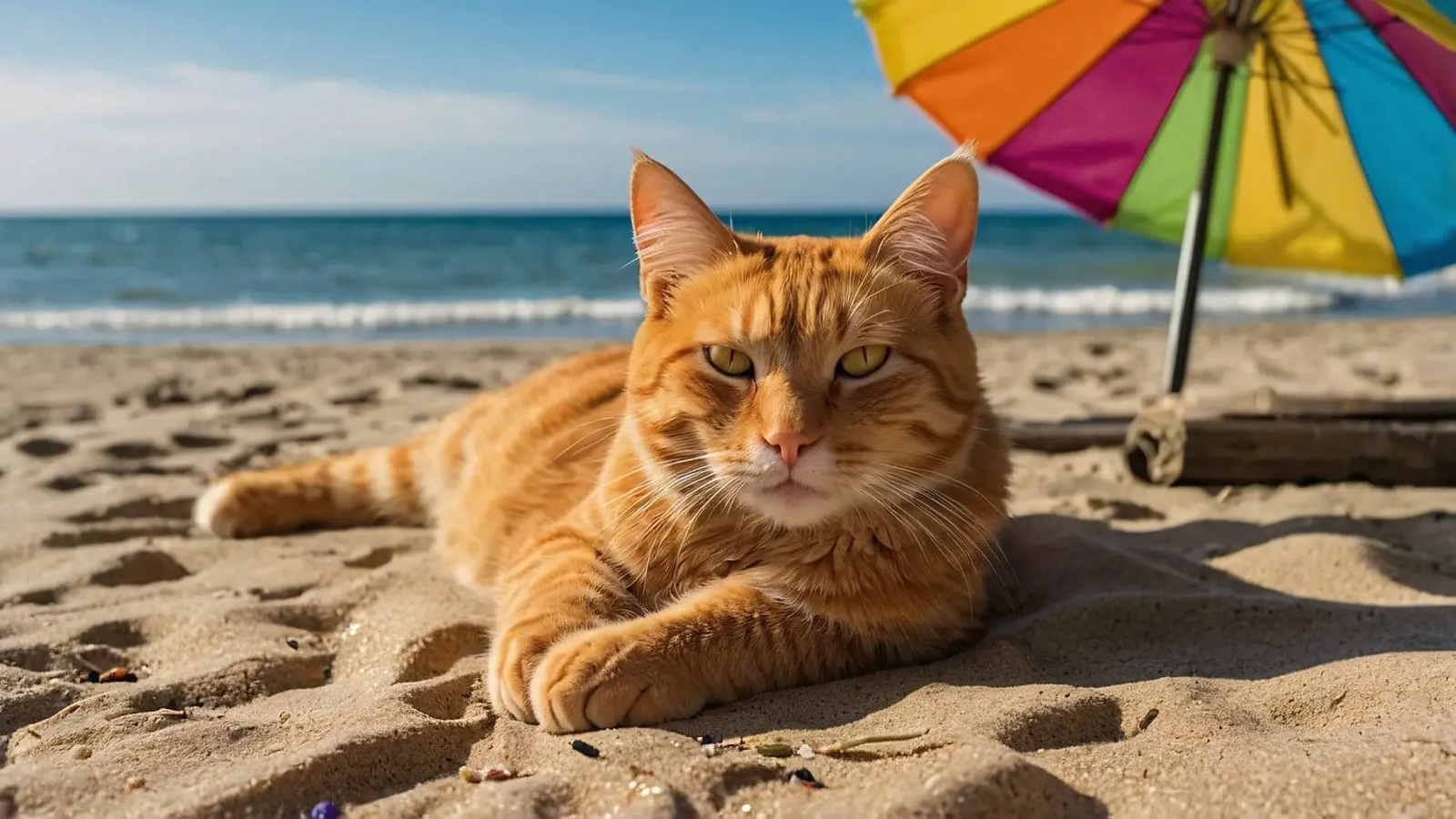Gatto arancione che si rilassa sulla spiaggia sabbiosa sotto un ombrellone colorato poster da DesignDoodle