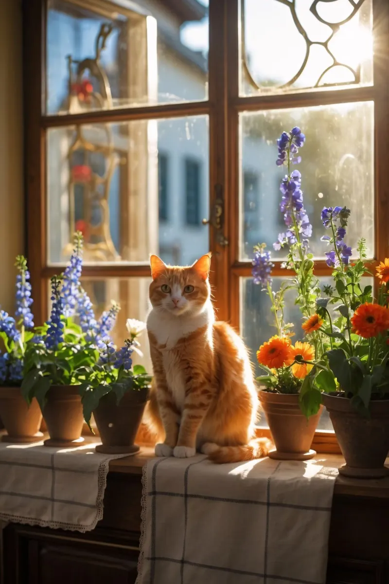 Ginger cat resting windowsill surrounded by colorful flow canvas by DesignDoodle