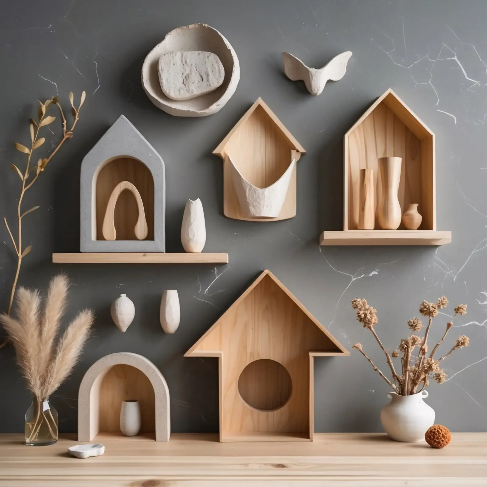 Decorative wall shelves featuring unique ceramic and wooden poster with aluminum frame by DesignDoodle
