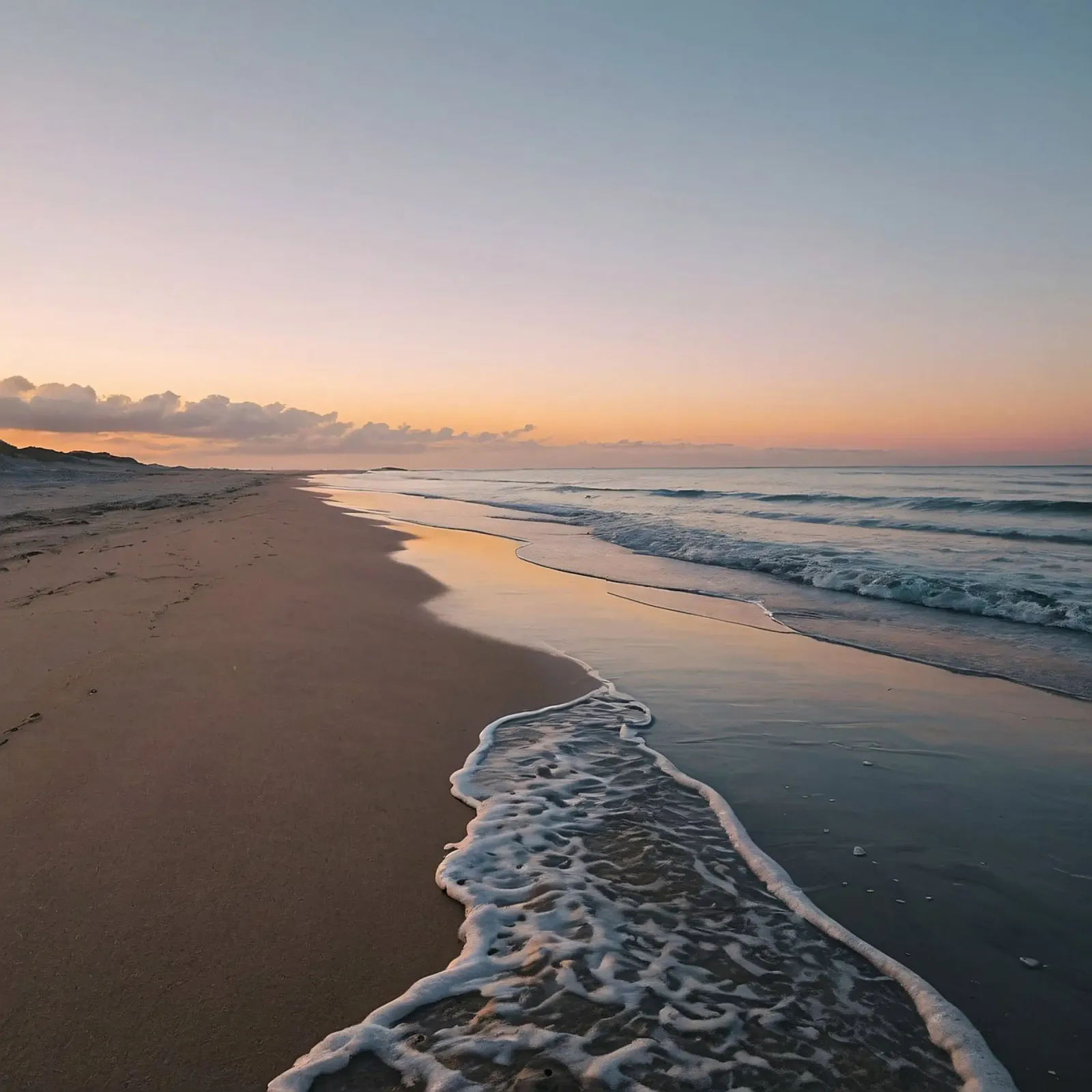 Serene beach at sunset with gentle waves lapping at the shor canvas by DesignDoodle