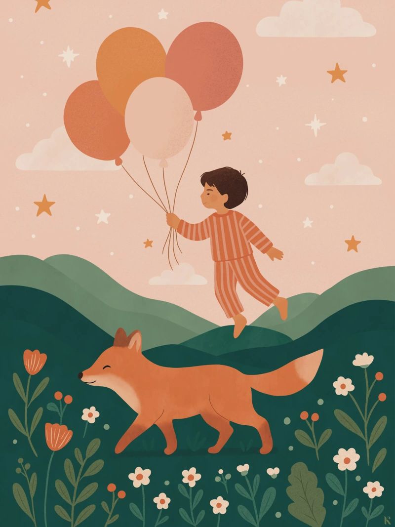 L'enfant aux ballons avec le renard poster de kokoprint