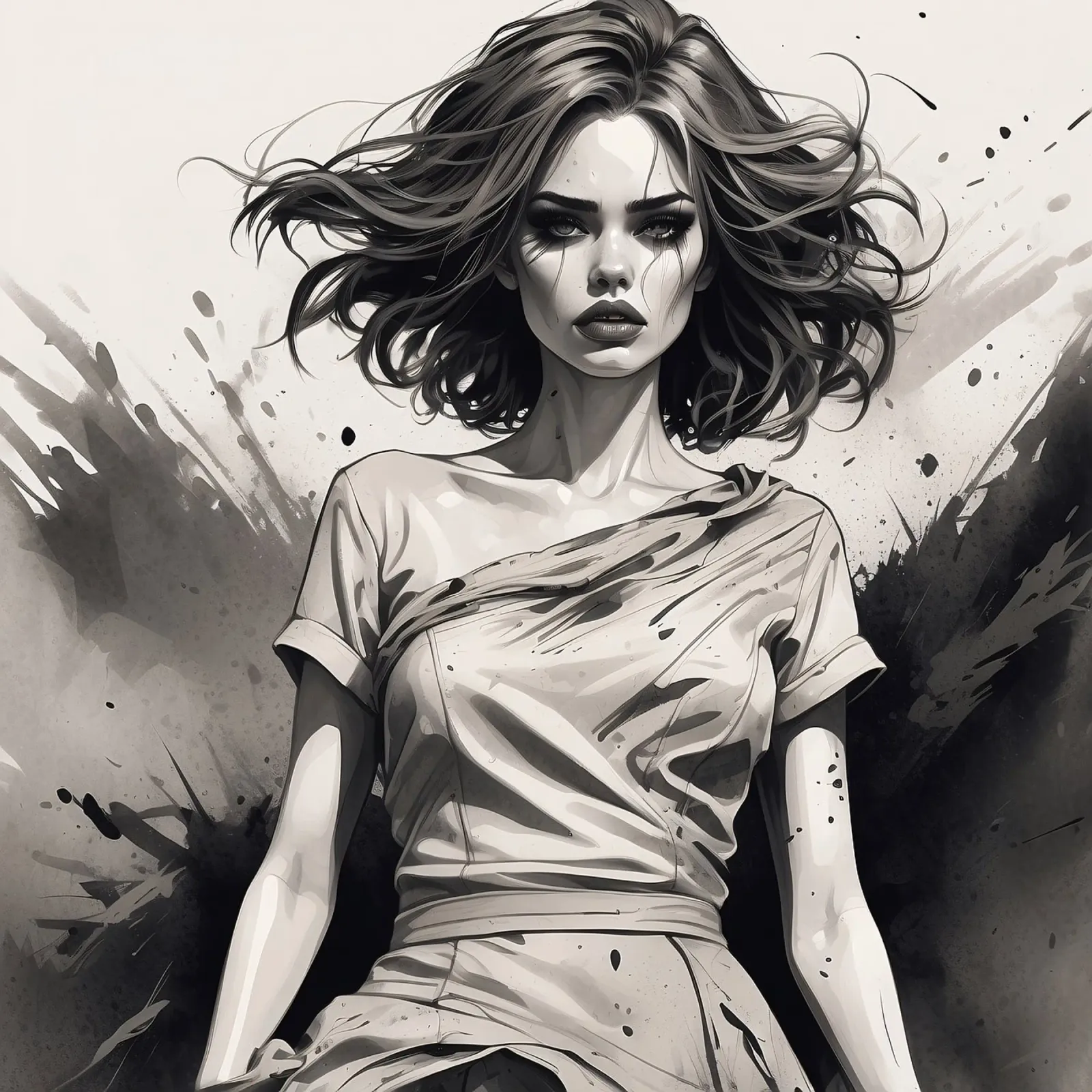 Illustrazione artistica di donna con capelli fluenti, schizzo di inchiostro poster con telaio in legno da DesignDoodle