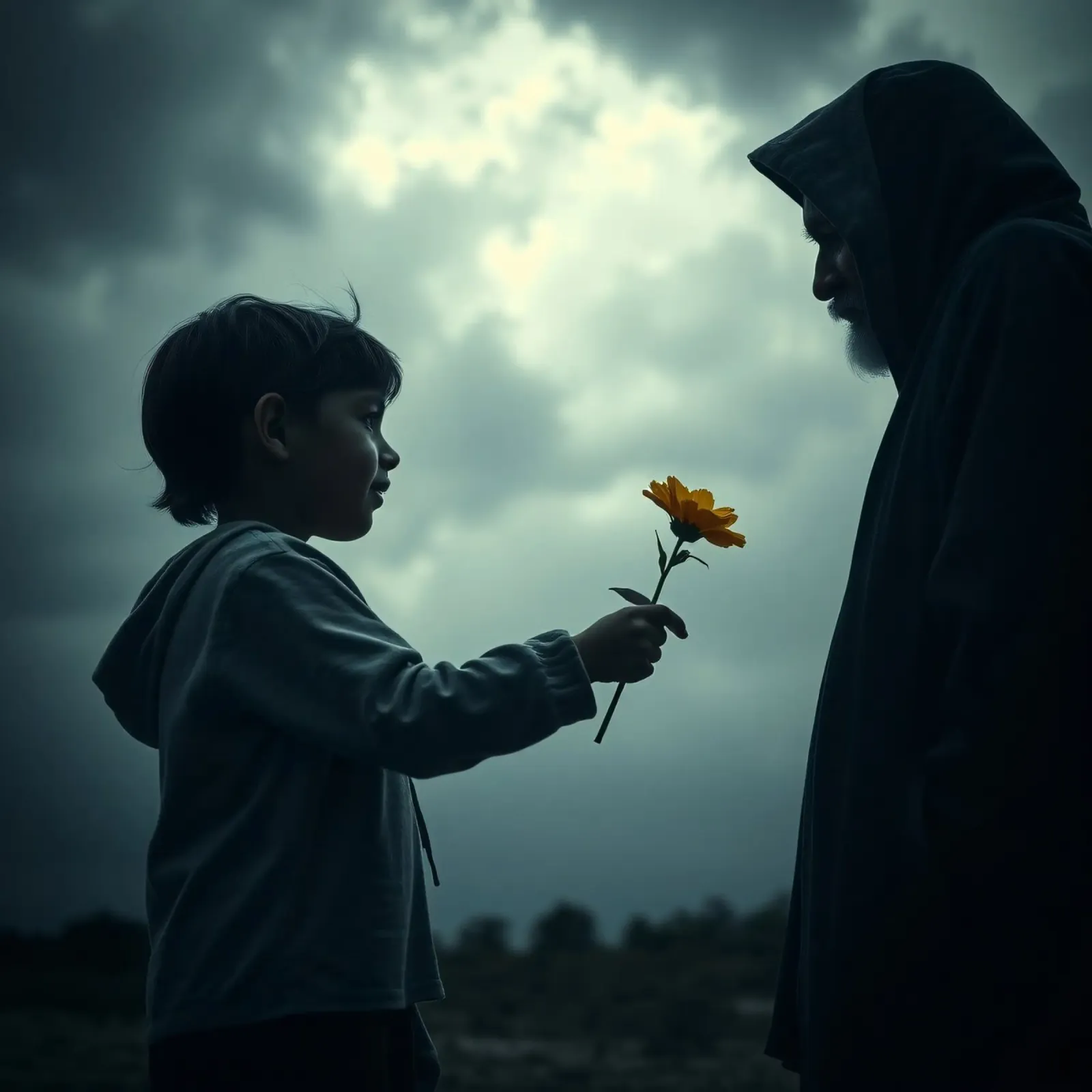 niño ofreciendo una flor a un anciano en luz dramática lienzo con Marco flotante de DesignDoodle