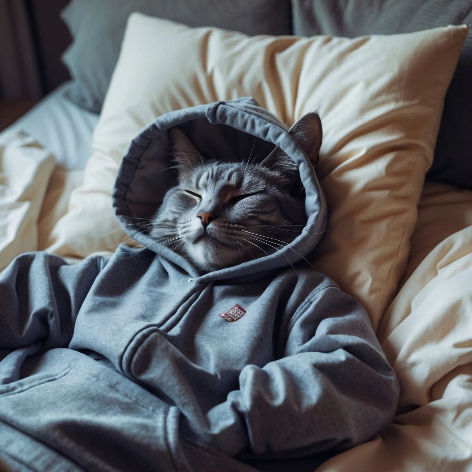 Gato descansando cómodamente en una sudadera con capucha sobre una suave almohada metacrilato de DesignDoodle