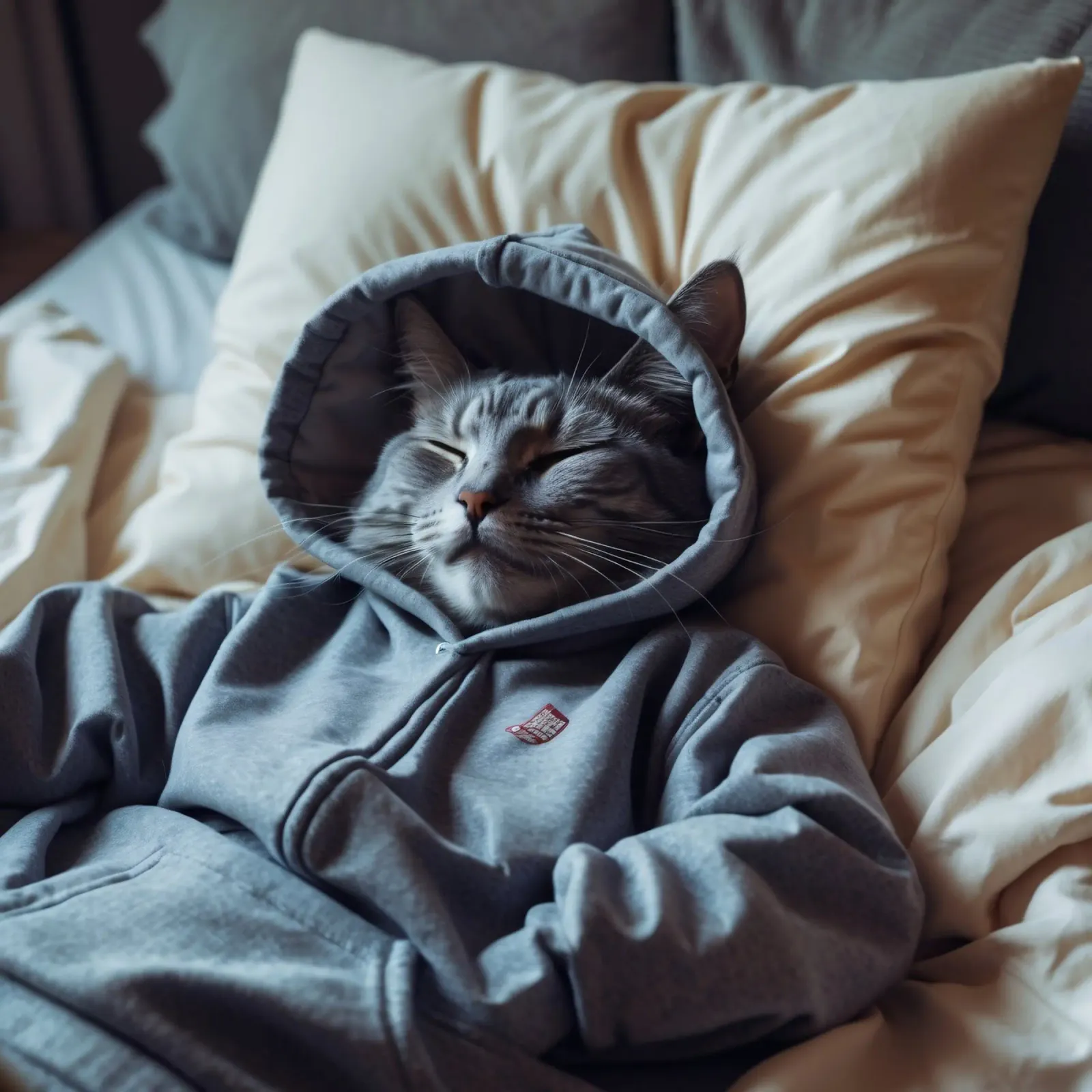 Gato descansando cómodamente en una sudadera con capucha sobre una suave almohada lámina retroiluminada de DesignDoodle