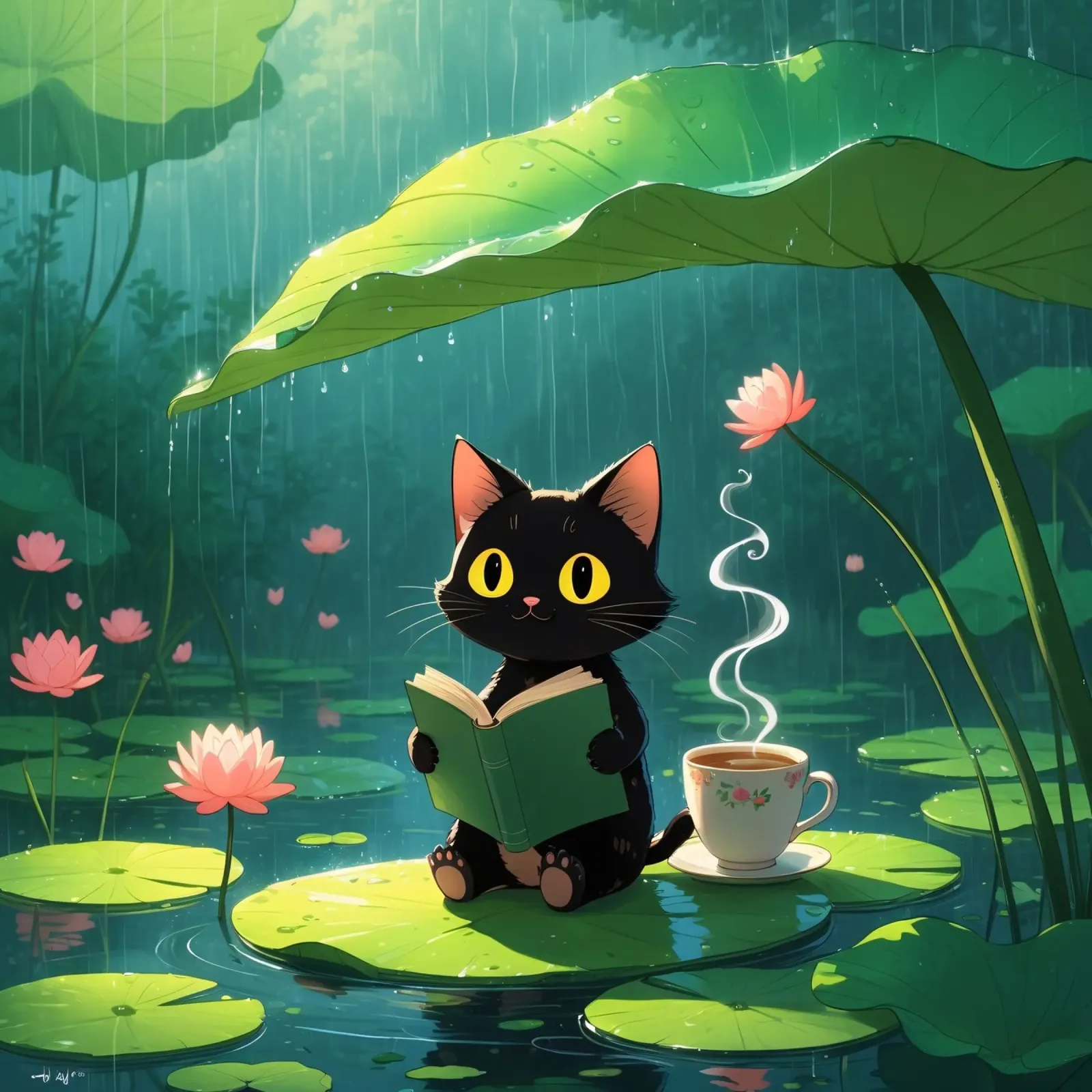 Gatto nero che legge un libro su una ninfea sotto la pioggia pellicola backlit da DesignDoodle