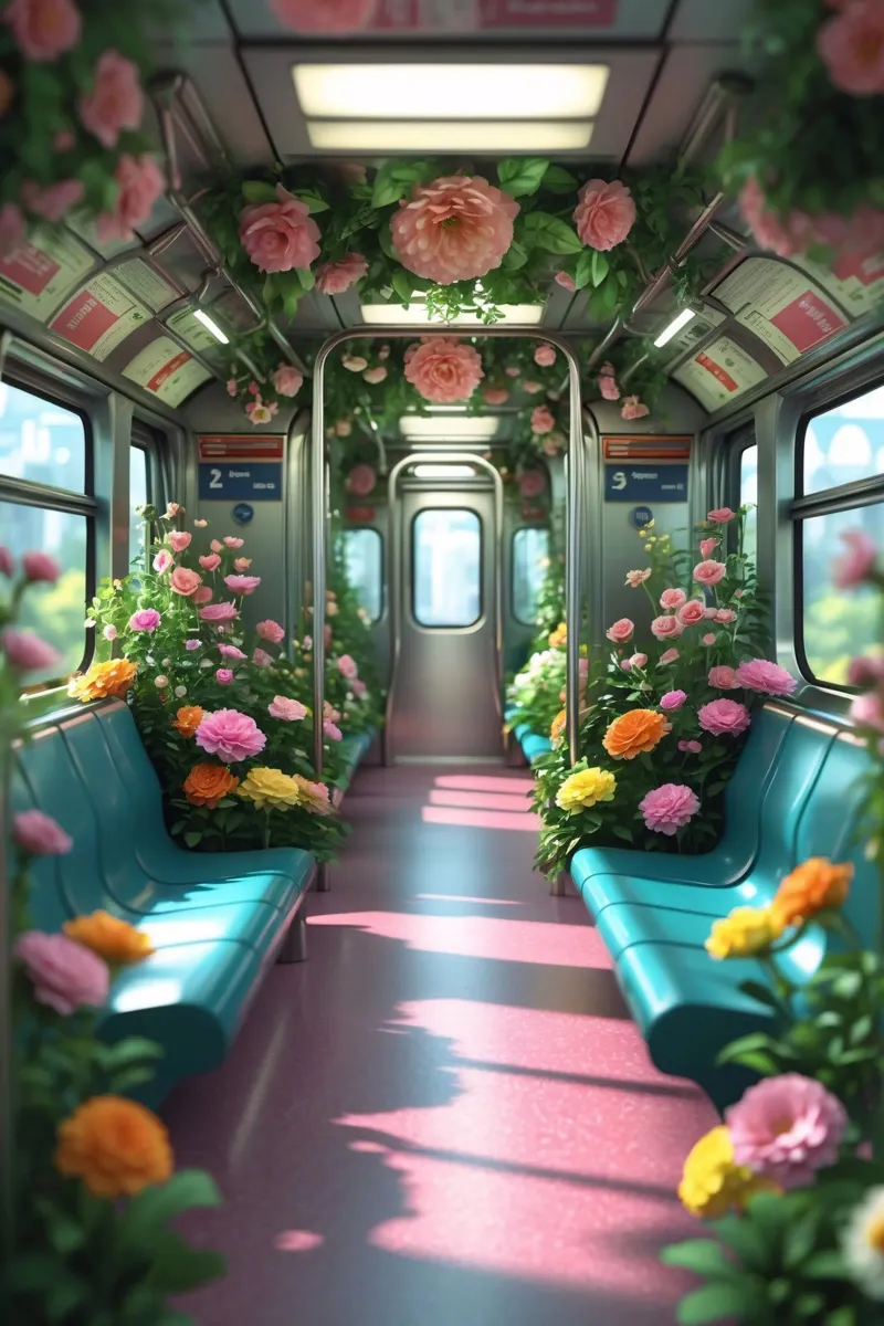 Un treno della metropolitana pieno di fiori crea una vivace esperienza di viaggio poster con telaio in plastica da DesignDoodle