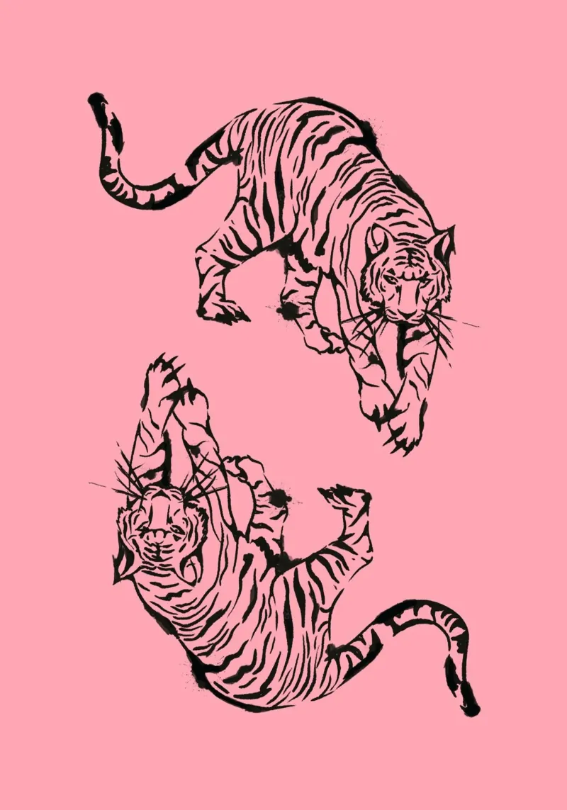 Impression d'art à l'encre "Twin Tigers" - Rose Esthétique et audacieux poster avec cadre en plastique de ClubArt