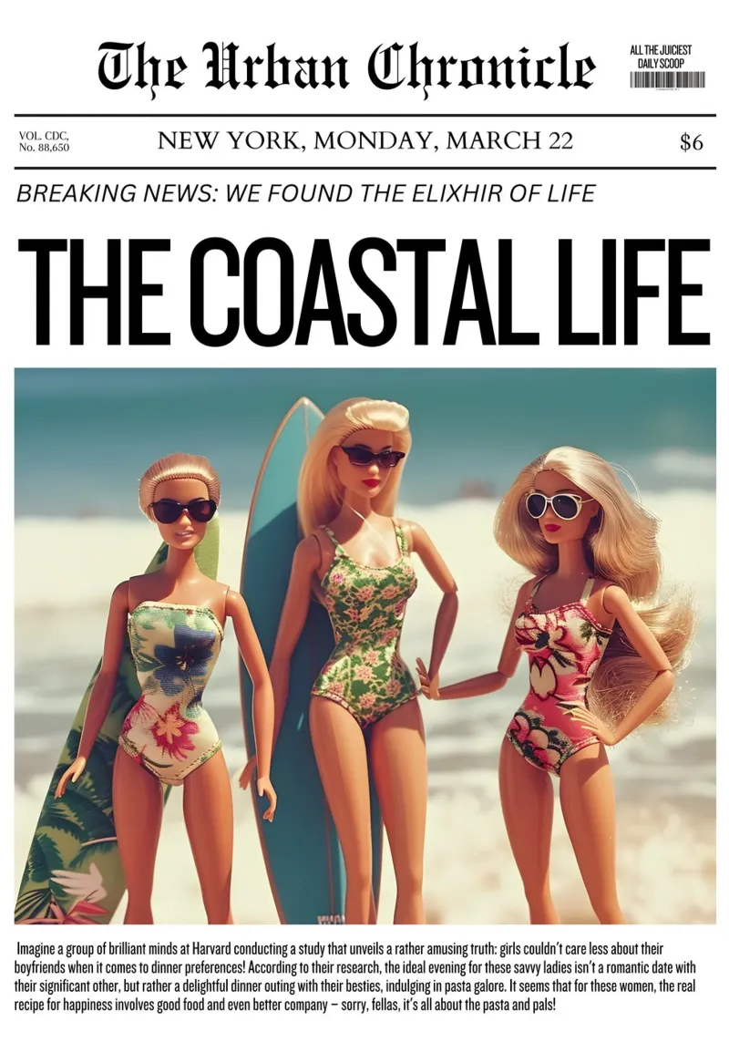 Satirische kunst "Coastal Life Elixir" - Strand Barbie Vibes canvas van ClubArt