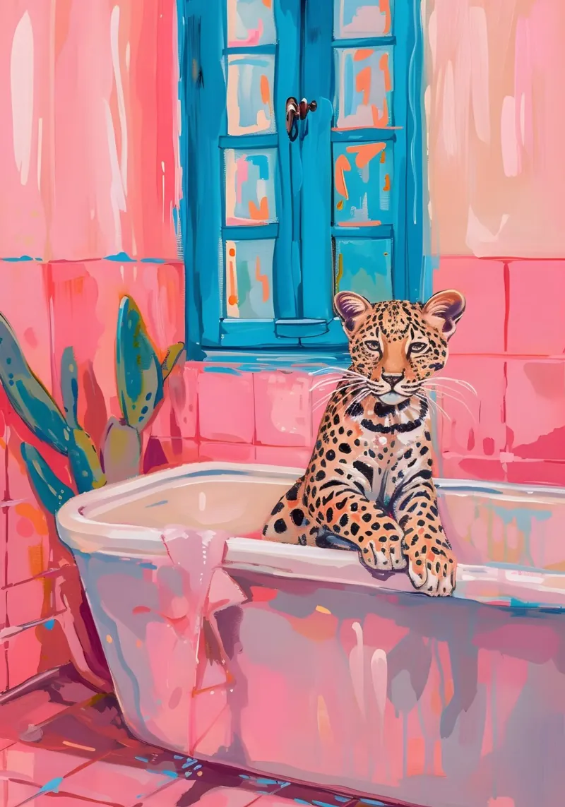 "Leopard in der Badewanne" Pop-Surrealismus-Kunst - verspielt & frech Hahnemühle von ClubArt