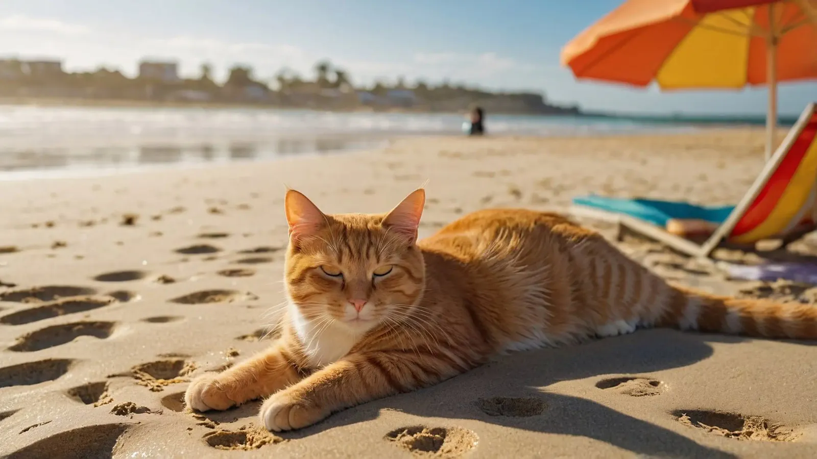 Gatto arancione che si sdraia su una spiaggia assolata con un ombrello pellicola backlit da DesignDoodle