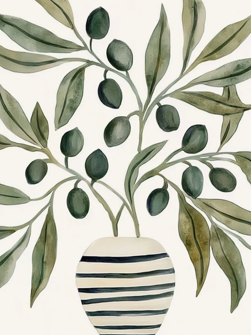 Boho Vintage Botanical Olive Branches in Mediterranean Vase canvas with Floater frame by Gentle Echoes Art