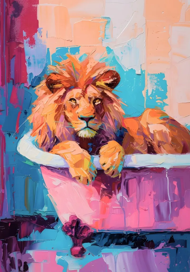 "Lion in the Bathtub" Abstract Impressionist Art - Bold & Wi canvas by ClubArt