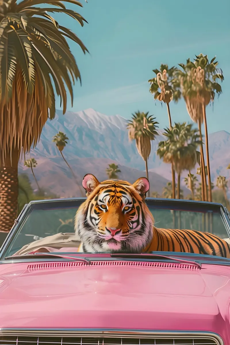 Palm Springs Dream - Tigre pop art, convertibile retrò, deser pellicola backlit da ClubArt