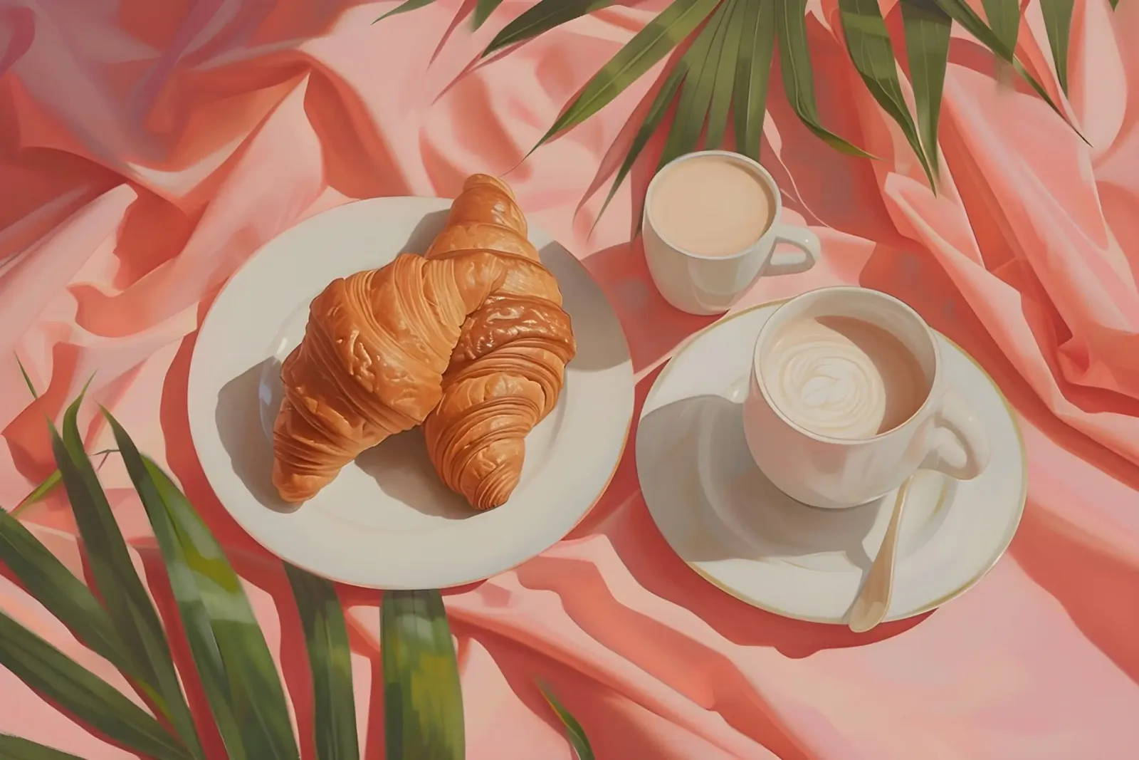 Stilleben: Croissants und Kaffee - Ästhetisches Frühstück, Rosa Poster von ClubArt