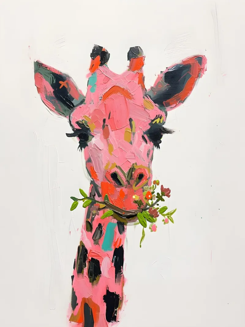 Stampa d'arte con impasto di una stravagante giraffa rosa - Pop Art floreale poster con telaio in legno da ClubArt