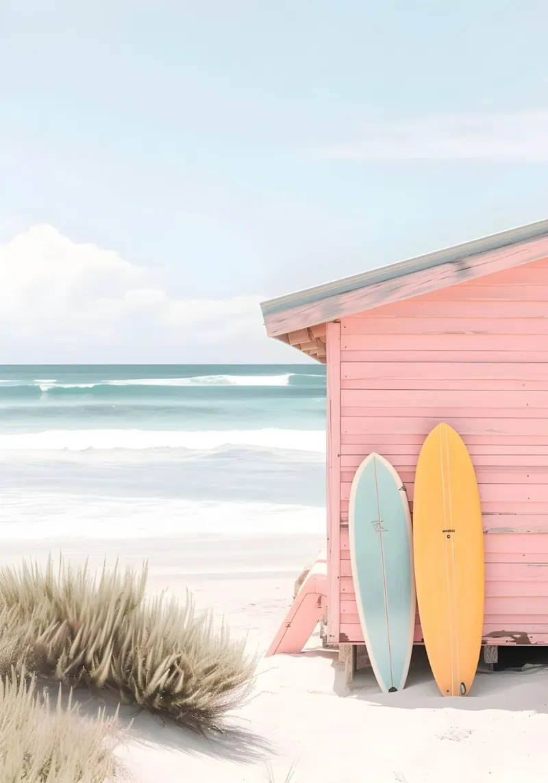 Roze Strandhut Surf Shack Print - Kustesthetiek canvas met Baklijst van ClubArt