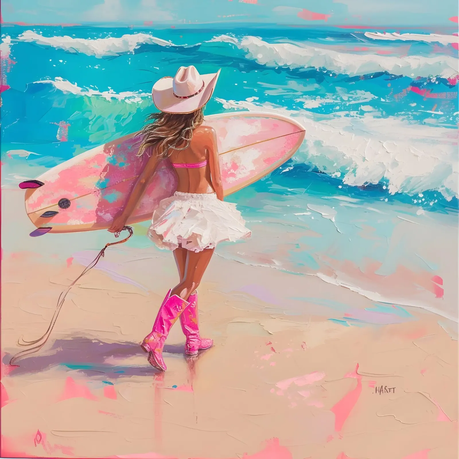Stampa pop art della ragazza surfista con stivali da cowboy - Costa occidentale plexiglass da ClubArt