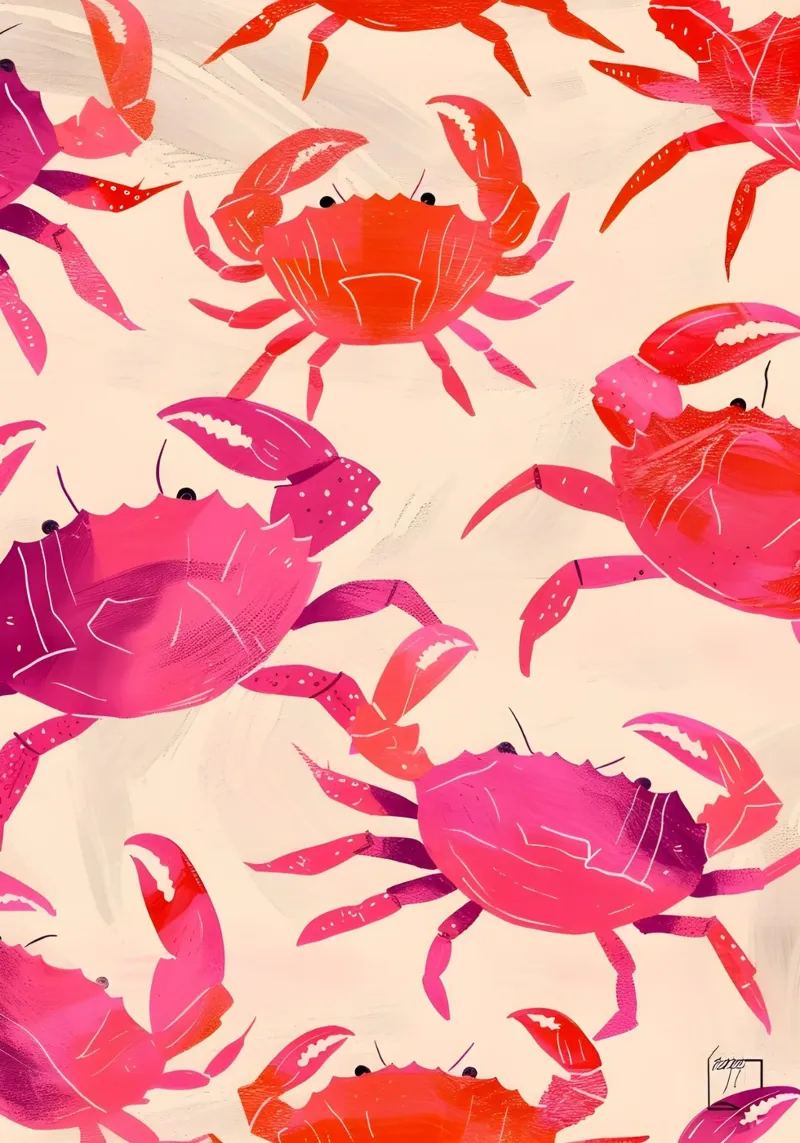 Pink & Orange Crab Pattern Art Print - Coastal Pop canvas by ClubArt