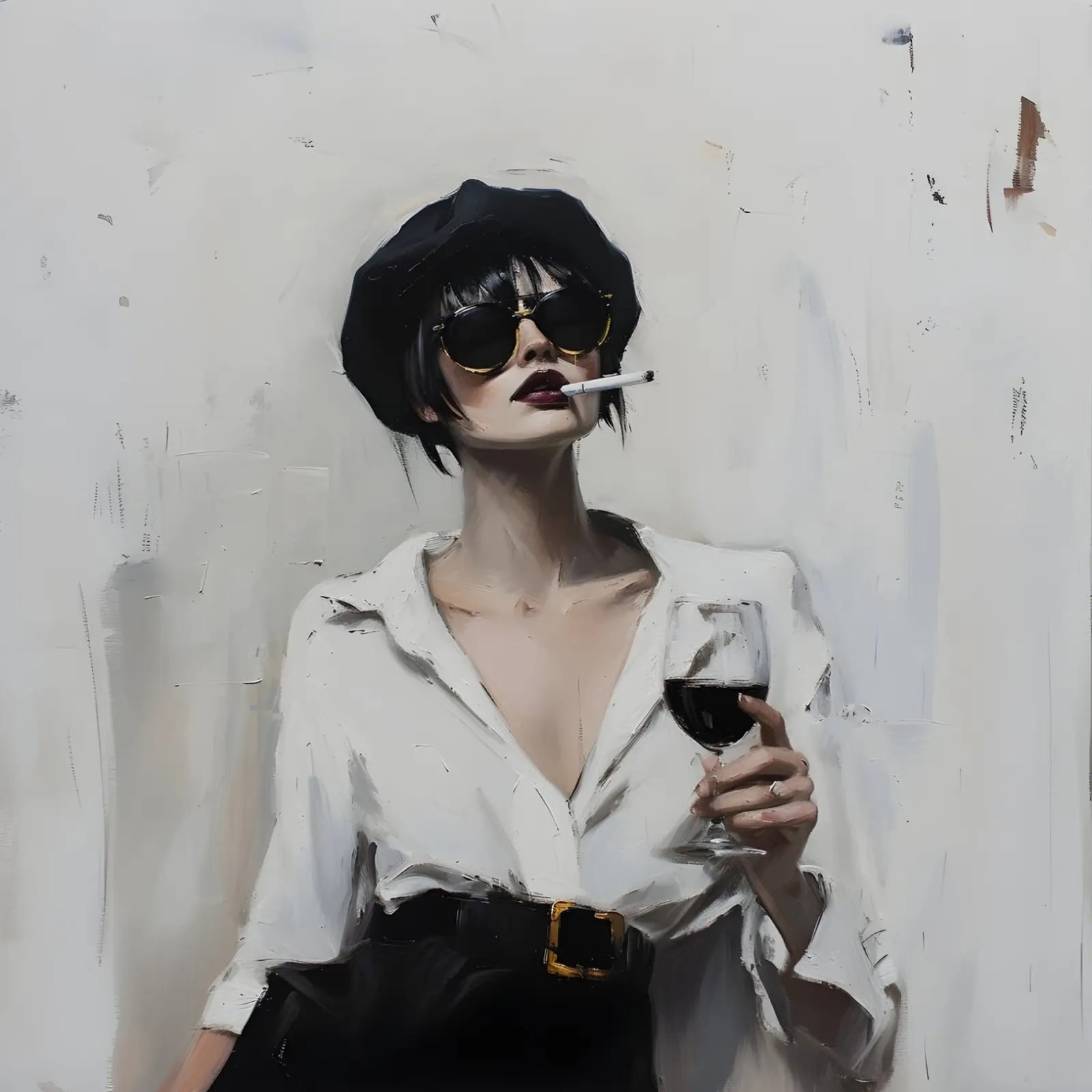 Schicke Frau mit Wein und Zigarette - Moderner Expressionist Hahnemühle von ClubArt