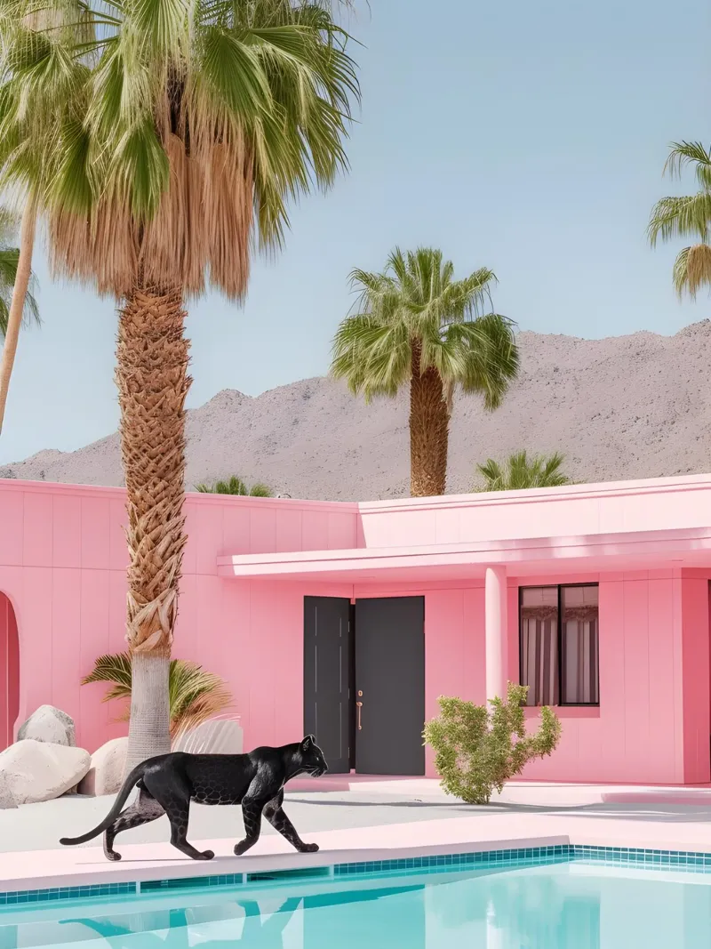 Stampa Pantera della casa rosa di Palm Springs - Medioevo moderno poster con telaio in plastica da ClubArt