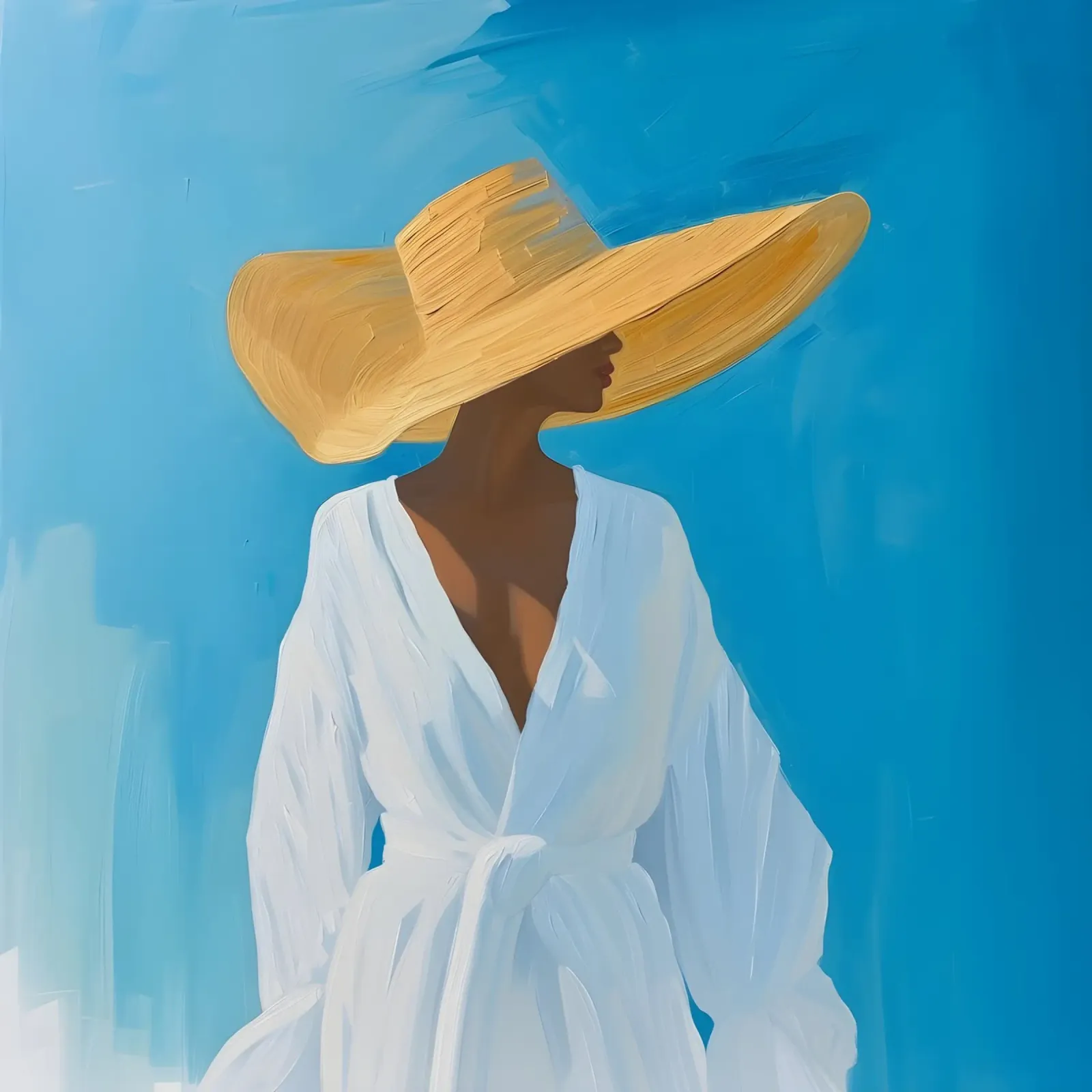 Chique vrouw met strohoed Art Print - Blue Summer Vibes canvas van ClubArt