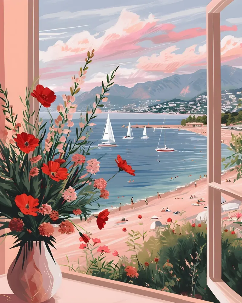 Coastal Window View Art Print - French Riviera Charm alu-dibond by ClubArt