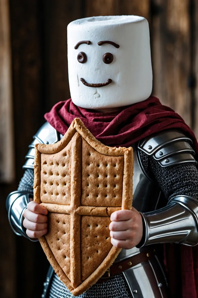 cavaliere di marshmallow che regge uno scudo di pan di zenzero pellicola backlit da DesignDoodle