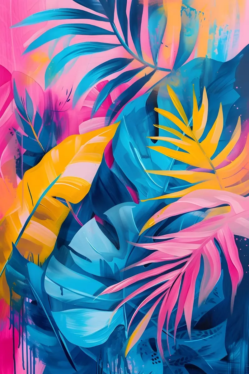 Vibrant Tropical Leaves Abstract - Maximalist Botanical Art canvas with Floater frame by ClubArt