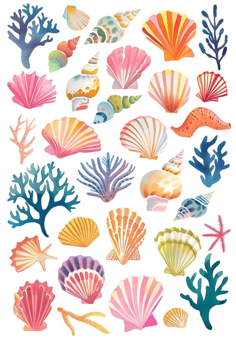 Conchas de acuarela y coral - Impresión artística de una playa costera poster con marco de madera de ClubArt