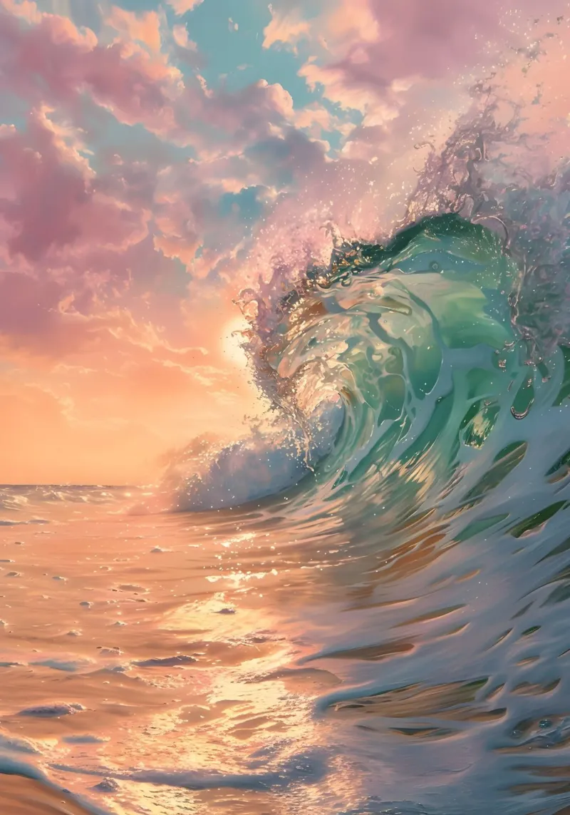 Sunset Ocean Wave - Levendige kustlijn zeegezicht kunst poster van ClubArt