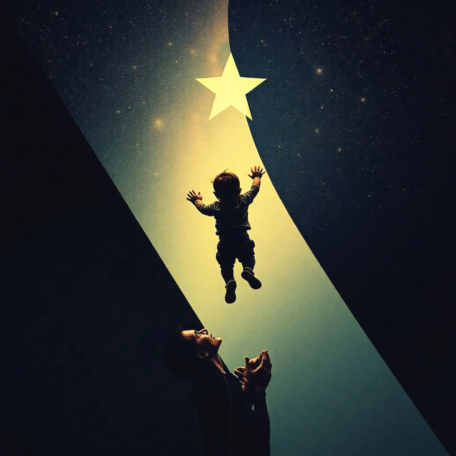Enfant tentant d'atteindre une étoile sous le regard émerveillé d'un parent hahnemühle de DesignDoodle