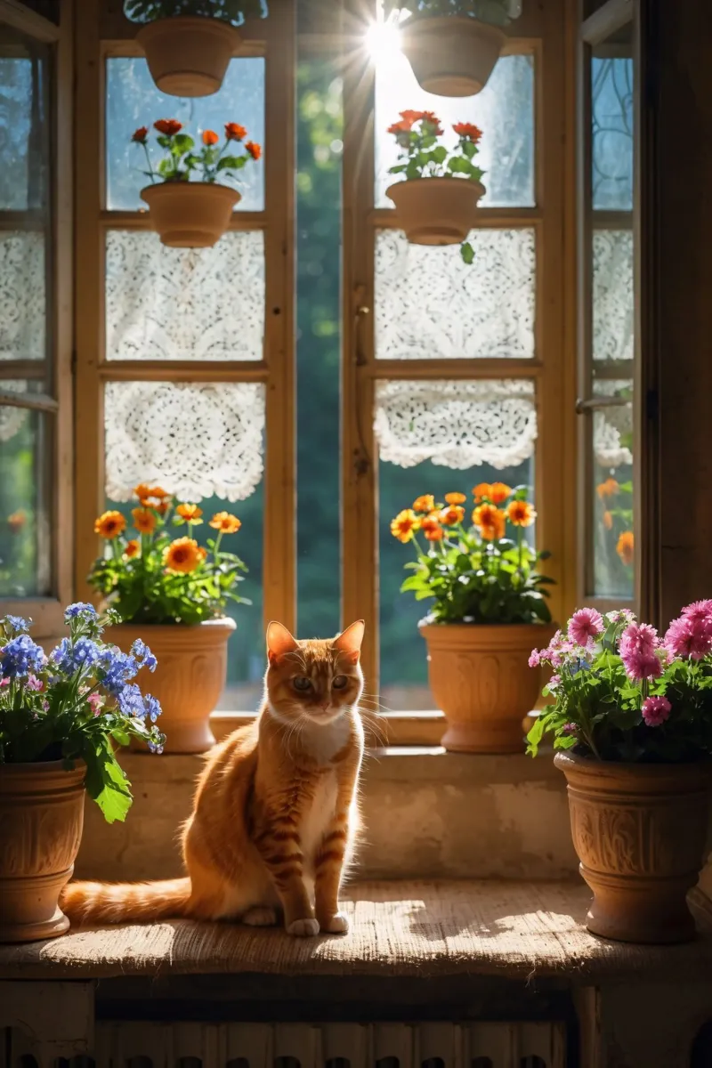Ginger cat resting on windowsill surrounded by colorful flow hahnemühle by DesignDoodle
