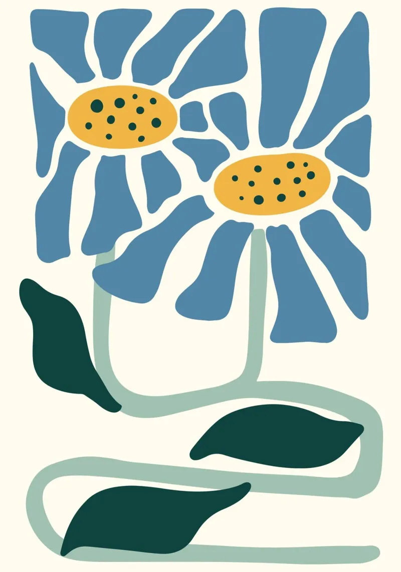 Blaue Gänseblümchen Linolschnitt - Abstrakter Botanischer Druck Hahnemühle von ClubArt