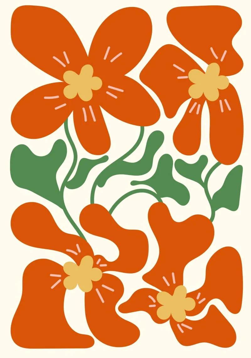 Retro Orange Blooms - 60er/70er Jahre Abstrakter Blumendruck Hahnemühle von ClubArt
