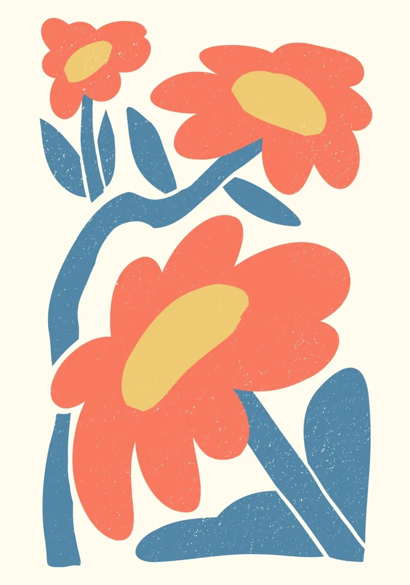 Retro Orange Flowers - Abstract Blue Leaf Art Print toile de ClubArt