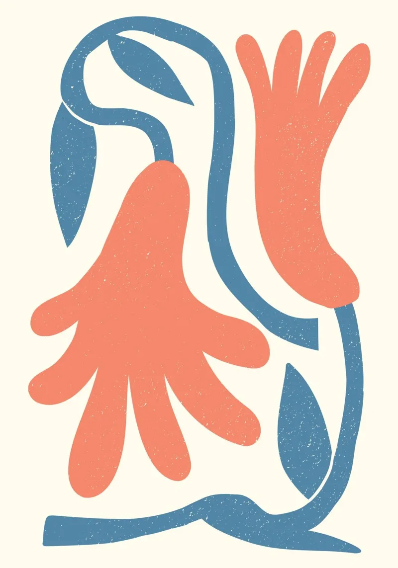 Forme organiche ispirate a Matisse - Corallo astratto e blu poster con telaio in plastica da ClubArt