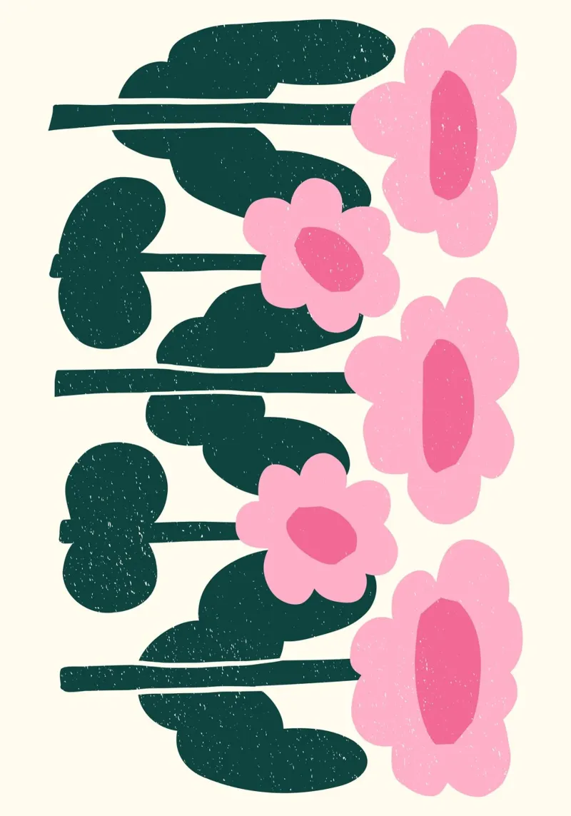Floreale minimalista Marimekko - Rosa e verde astratto poster con telaio in plastica da ClubArt