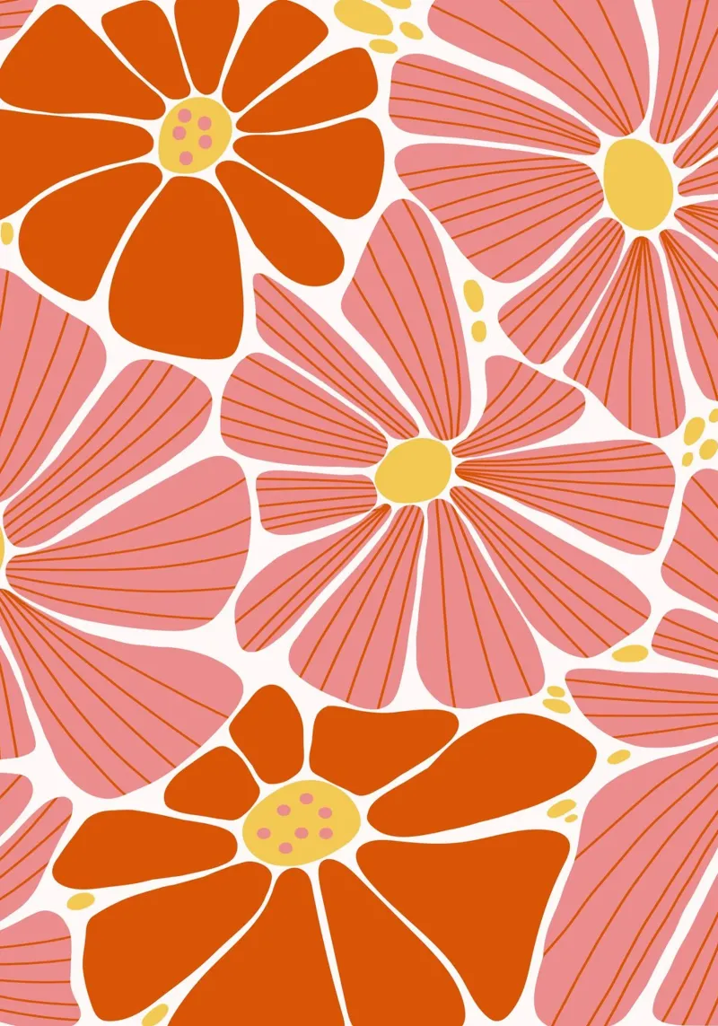 70er Jahre Floral Pop Art Druck - Retro Pink & Orange Blooms Hahnemühle von ClubArt
