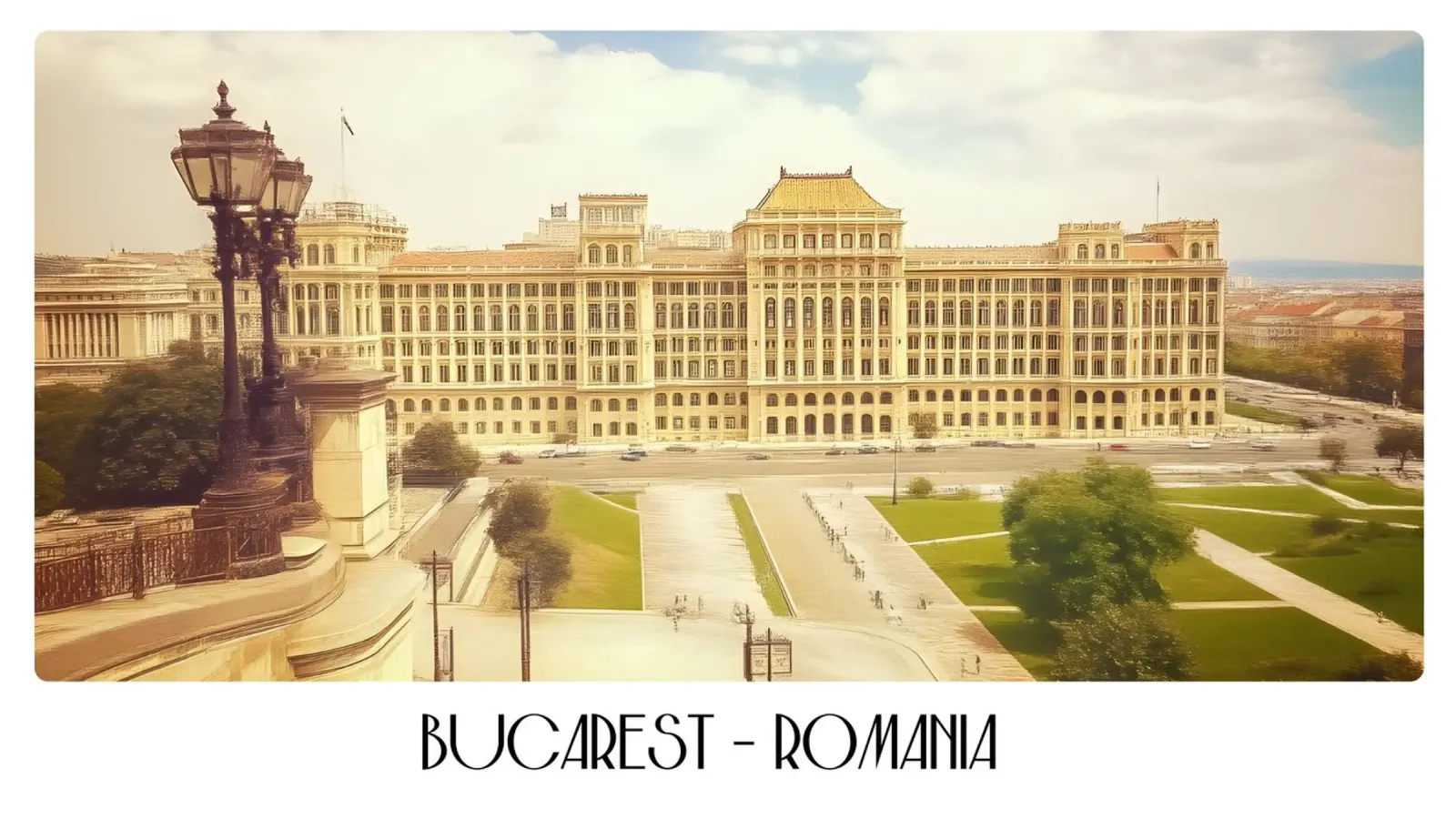 Bucarest Romania Palazzo del Parlamento Poster d'epoca poster con telaio in legno da ClubArt