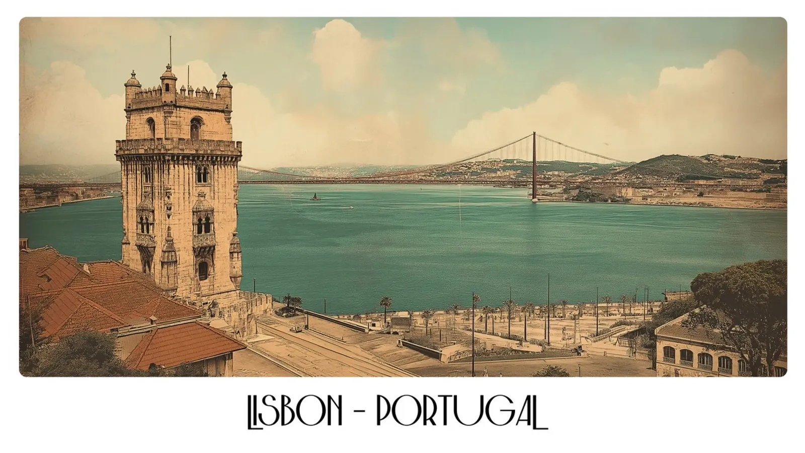 Lisbona Portogallo Torre di Belém Fiume Tago Poster d'epoca tela con Cornice a cassetta da ClubArt