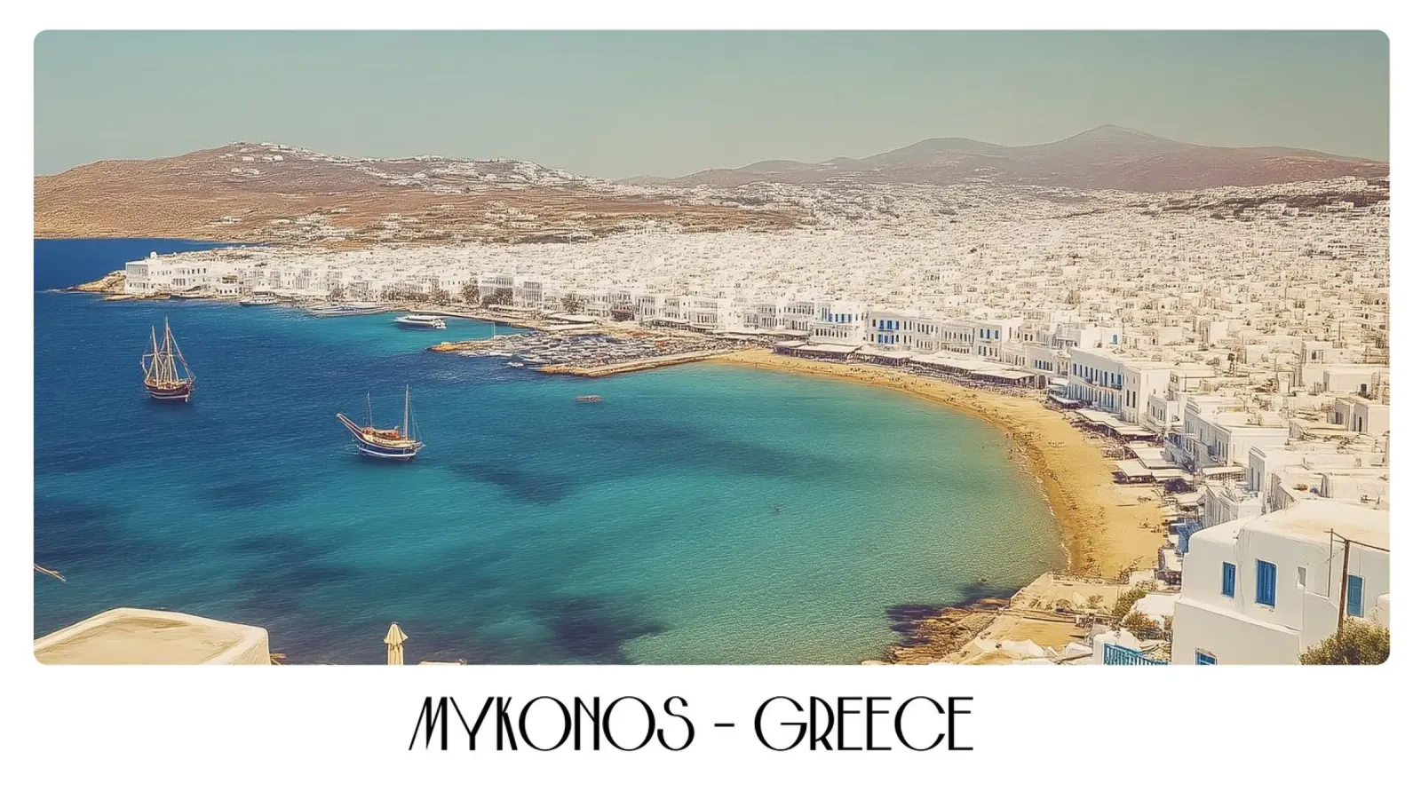 Mykonos Grecia - Poster vintage sulla spiaggia dell'isola imbiancata tela con Cornice a cassetta da ClubArt