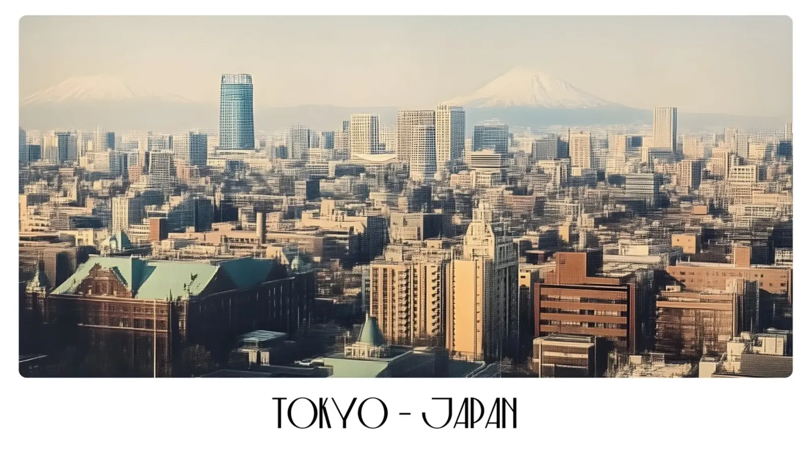 Skyline di Tokyo e Monte Fuji - Paesaggio urbano d'epoca in Giappone poster con telaio in plastica da ClubArt