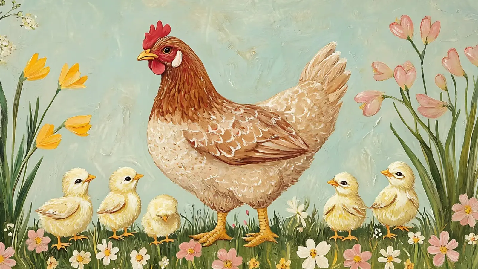 Mutter Henne & Küken - Rustikale Bauernhof-Tierkunst Hahnemühle von ClubArt