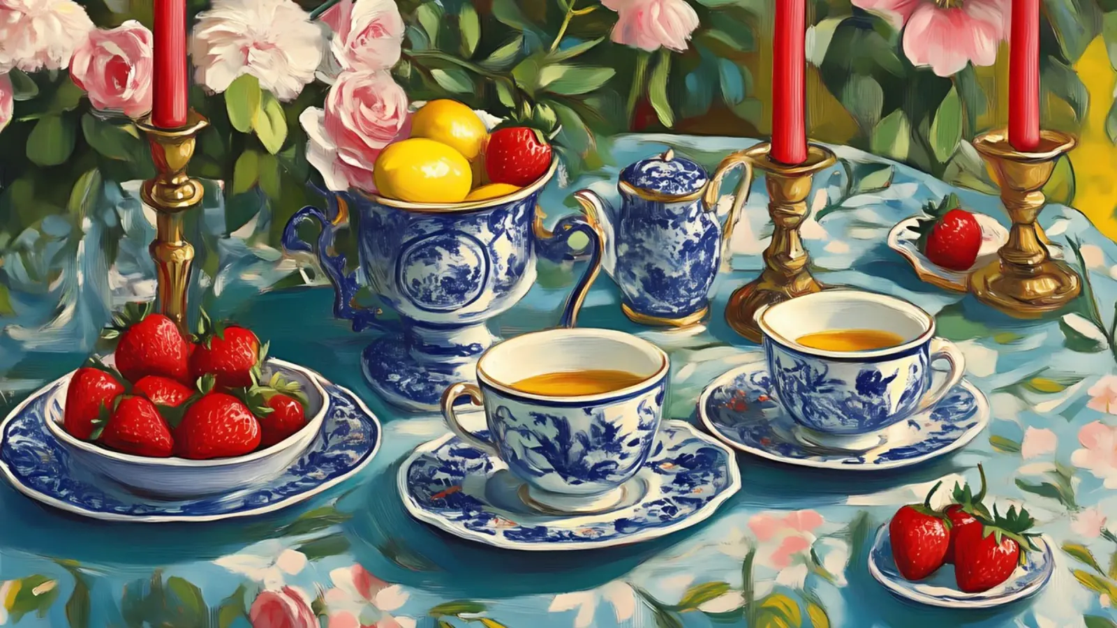 Bodegón Sauce Azul Hora del Té - Arte Floral Chinoiserie aluminio dibond de ClubArt