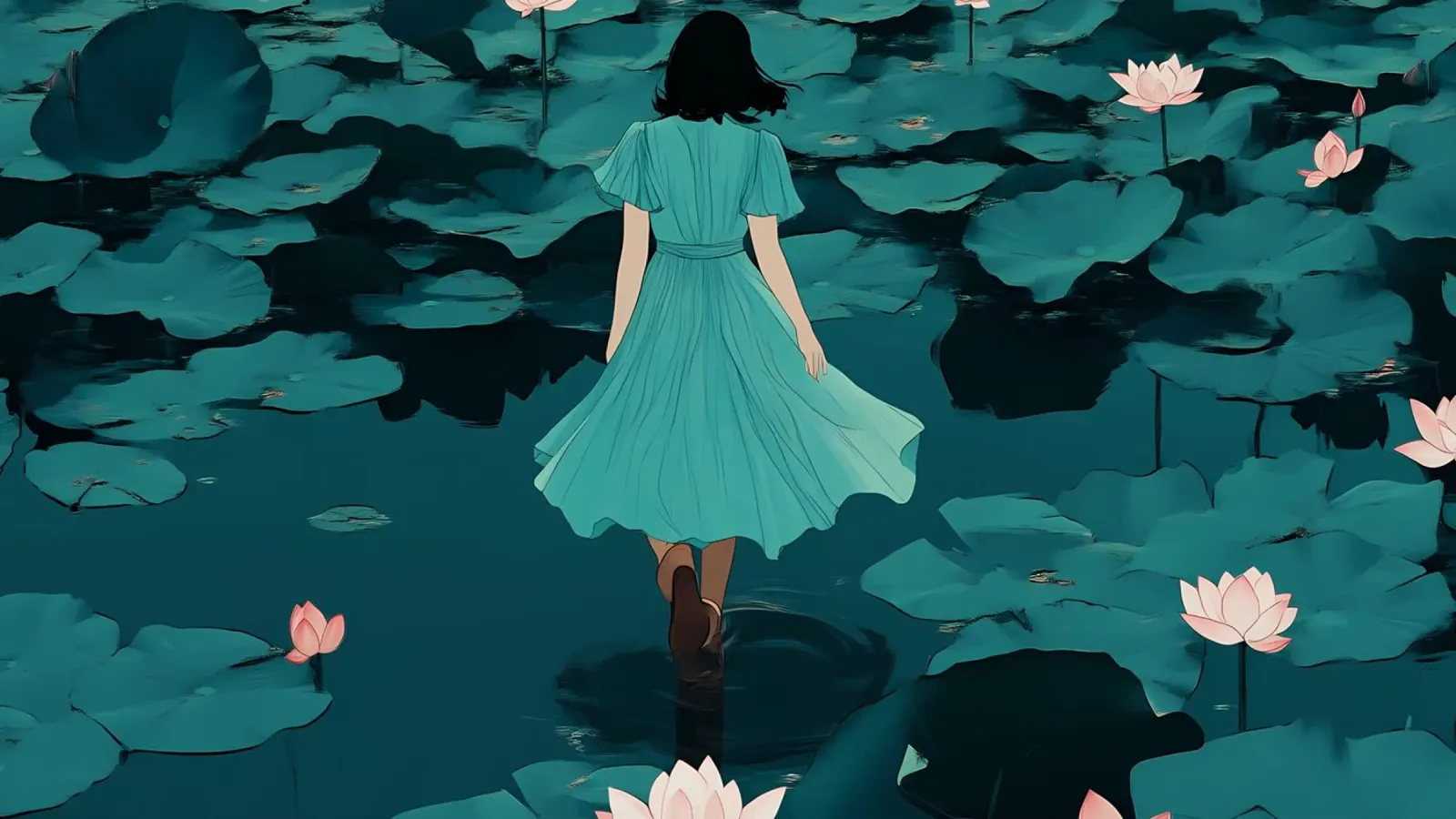Girl in Lotus Pond - Dreamy Ghibli Style Art acrylic glass by ClubArt