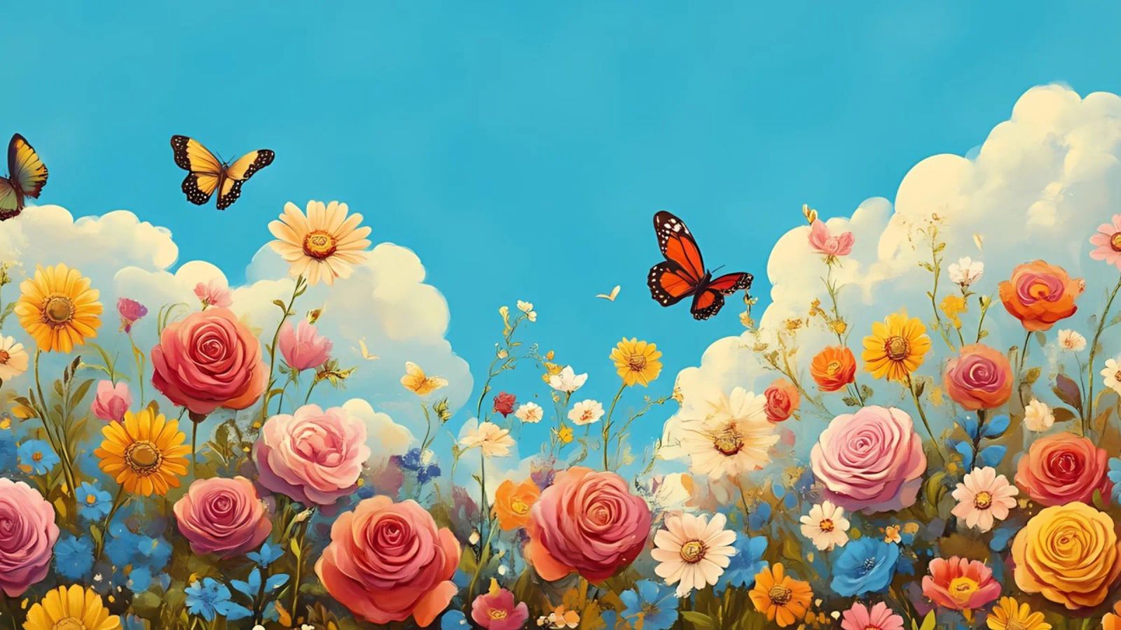 Butterflies & Roses Meadow - Vibrant Floral Sky Art poster de ClubArt