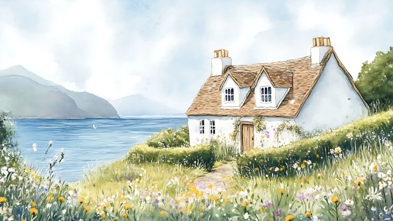 Idyllische Hütte am See - Aquarell Küstenlandschaft Poster von ClubArt