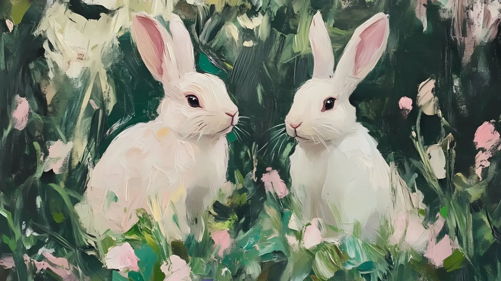Coniglietti bianchi stravaganti - Foresta floreale impressionista carta hahnemühle da ClubArt