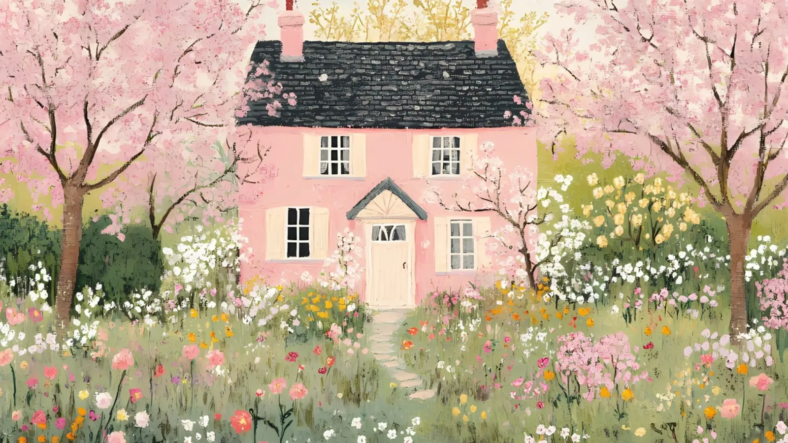 Blossom Pink Cottage - Una casa stravagante in un prato di primavera poster con telaio in legno da ClubArt